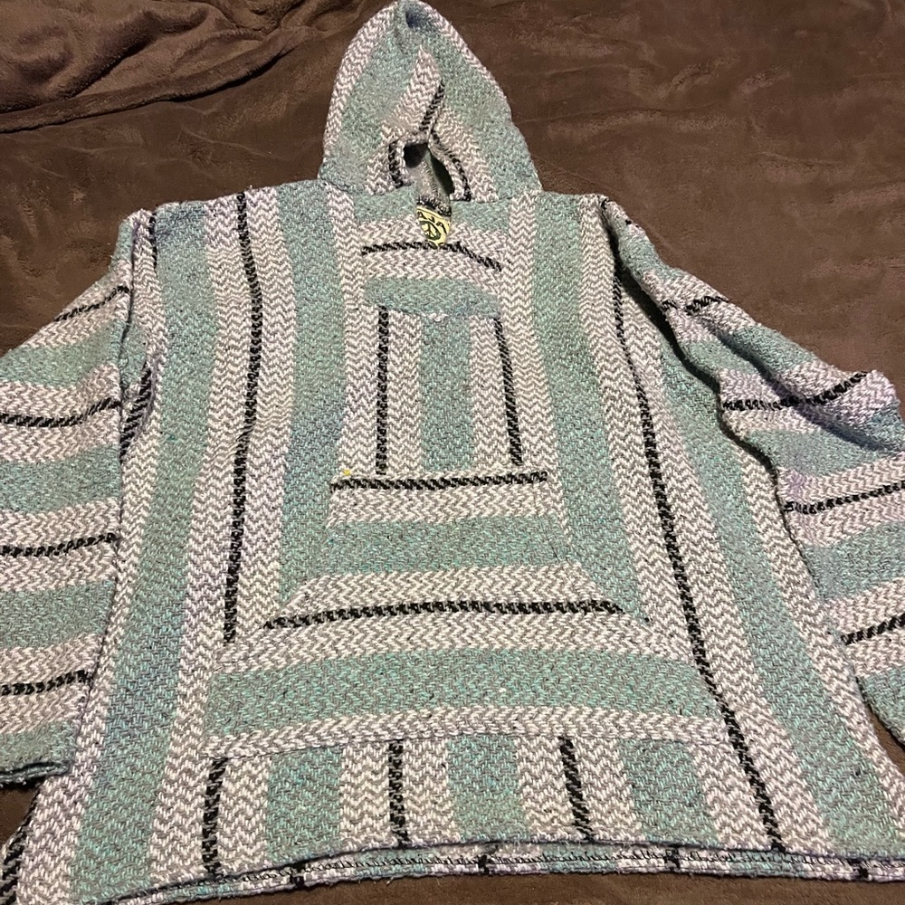 Men's Striped Green and Black Poncho